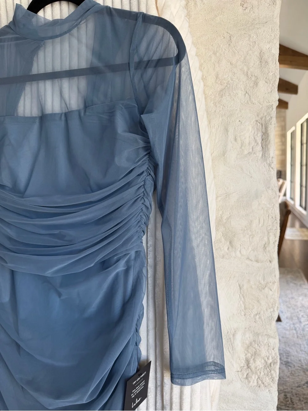 Lulu's Sheer Ruched Maxi Dress in Dusty Blue - Picture 2 of 4